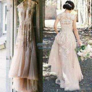 Vintage Tulle Wedding Dresses Cap Sleeve Appliques Lace Bridal Wedding Gowns
