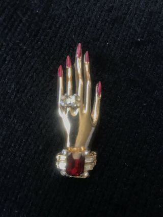 Vintage Designer Signed Coro Fancy Jewels Hand Brooch Pin Ruby Red Rhinestones