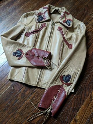Rare Vintage 1940s Leather Western Wear Jacket Flower Applique,  Hearts,  Tassels