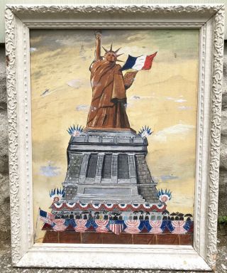 Vintage Mid Century Folk Art Statue Of Liberty With American And French Flags