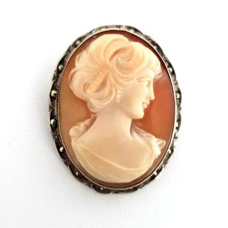 Vintage Carved Shell Cameo Brooch Pendant Sterling Silver Setting Marked 925