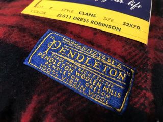 Vintage Pendleton Red Black Green Plaid Fringe Throw Blanket Wool Old Stock 3