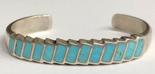 Vintage Zuni Native American Sterling Silver Turquoise Inlay Cuff Bracelet