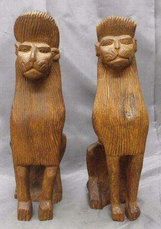 Vintage Hand Carved Wooden Lions Ethnic Folk Art Haitian Wood Carvings