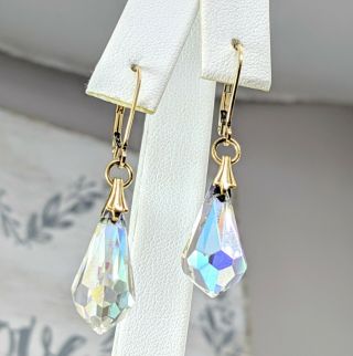 Very Unique 14kt Yellow Gold Vintage Clear Iridescent Crystal Drop Earrings