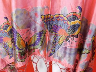 Vintage Art Deco Pink Silk Screen Print Butterfly Fringe Shawl Scarf Stole Wrap 2