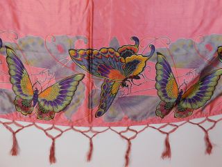 Vintage Art Deco Pink Silk Screen Print Butterfly Fringe Shawl Scarf Stole Wrap 5