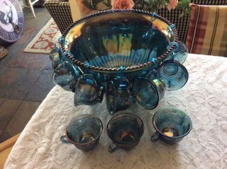 Vintage Blue Carnival Glass Large Punch Bowl & 11 Matching Cups Grape Vine Patt