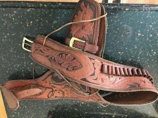 Vintage Gun Belt And Holster Hand Tooled W/tie Downs