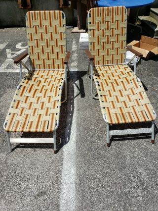 2 Vintage Brown & Orange Webbed Folding Aluminum Patio Lawn Chair Lounge Chaise