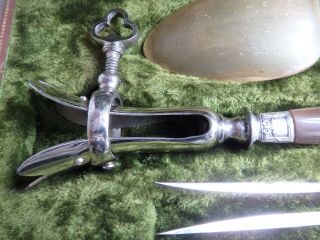 Antique French Sterling Silver Collared & Horn Boxed Carving & Salad Serving Set 4