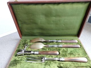 Antique French Sterling Silver Collared & Horn Boxed Carving & Salad Serving Set 5