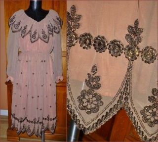 Vtg 70s Sheer Chiffon Bronze Metallic Embroidered Scallop Cocktail Party Dress