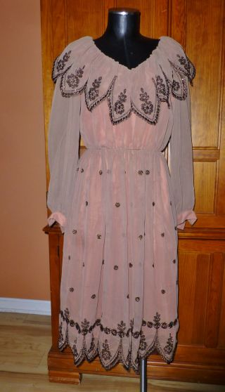 Vtg 70s Sheer Chiffon Bronze Metallic Embroidered Scallop Cocktail Party DRESS 2