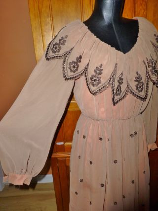 Vtg 70s Sheer Chiffon Bronze Metallic Embroidered Scallop Cocktail Party DRESS 3