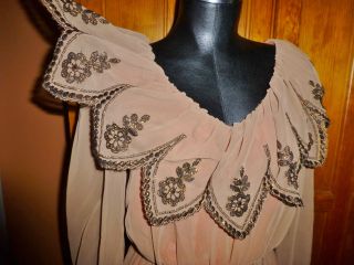 Vtg 70s Sheer Chiffon Bronze Metallic Embroidered Scallop Cocktail Party DRESS 4