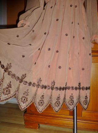 Vtg 70s Sheer Chiffon Bronze Metallic Embroidered Scallop Cocktail Party DRESS 5