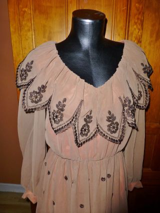 Vtg 70s Sheer Chiffon Bronze Metallic Embroidered Scallop Cocktail Party DRESS 8