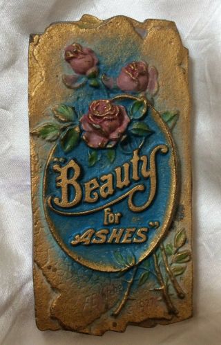 Ae Mitchell Metal Wall Plaque 1927 Beauty For Ashes Bible Isaiah 61 Vtg Roses