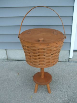 Vintage Longaberger Sewing Basket On Wood Footed Stand Dated 1985 Leather Hinges 2