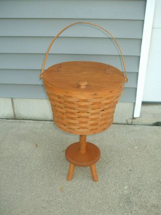 Vintage Longaberger Sewing Basket On Wood Footed Stand Dated 1985 Leather Hinges 3