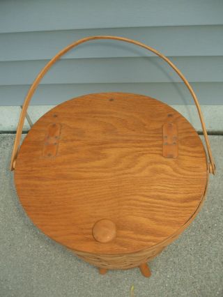 Vintage Longaberger Sewing Basket On Wood Footed Stand Dated 1985 Leather Hinges 5