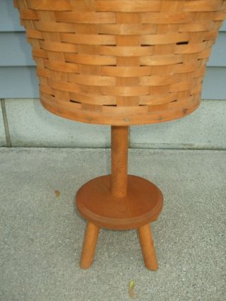 Vintage Longaberger Sewing Basket On Wood Footed Stand Dated 1985 Leather Hinges 8