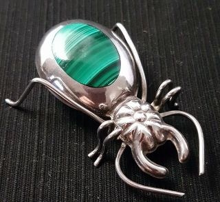 Vintage Mexico Malachite Sterling Silver Beetle Brooch/pin