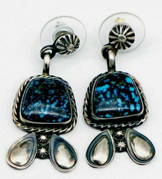 Vintage Navajo China Mountain Lander Blue Turquoise Earrings Sterling Silver