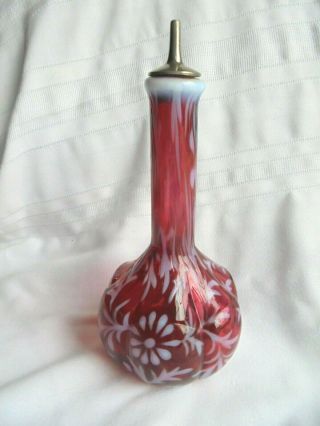 Vintage Fenton Cranberry Opalescent Daisy & Fern Barber Bottle With Stopper