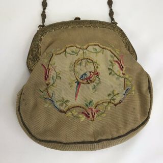 Antique Bird Tapestry Purse Gold Tone Chain And Frame With Semi - Precious Stones