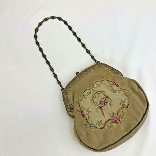 Antique Bird Tapestry Purse gold tone chain and frame with semi - precious stones 2