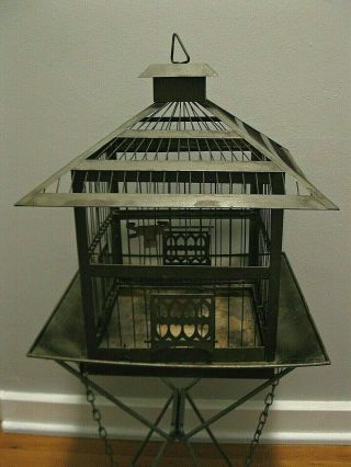 Vintage Brass Metal Pagoda Style Hendryx Bird Cage Table Top Hanging Loop