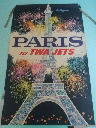 Vintage Fly Twa Travel Poster Paris David Klein 1960s Plane Airport