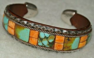 Vintage Charlie Favour Native Amer.  Silver Turquoise Spiny Oyster Cuff Bracelet