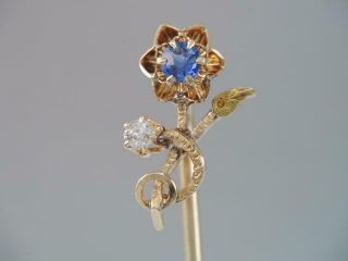 Art Nouveau Solid 14k Gold Mine Cut Diamond & Blue Sapphire Flower Stick Pin