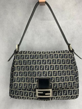 Pre - Owned Authentic Fendi Zucca Handbag Navy Canvas Leather Italy Vintage