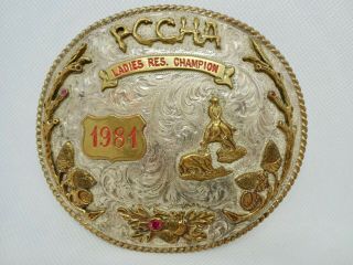 Vtg 1981 Carlos Silver Sterling Pccha Cutting Horse Rodeo Champion Belt Buckle