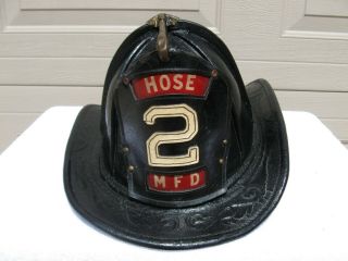 Vintage Cairns Black Leather Yorker Fireman Firefighter Helmet Hose 2 Mfd