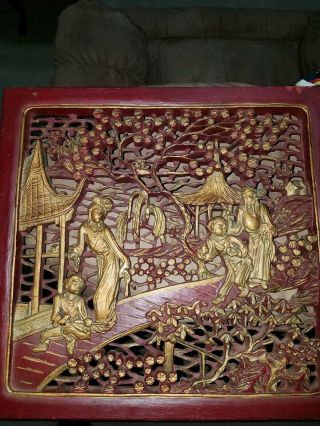 Vintage Asian Gold Gilt Carved Wood Relief Wall Hanging Panel