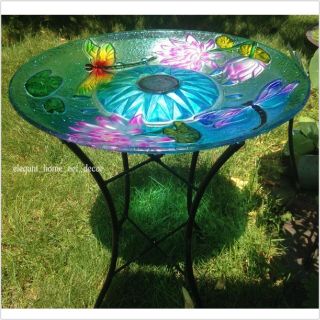 Outdoor Freestanding Bird Bath Feeder Vintage Solar Lit Iron Glass Garden Decor 2