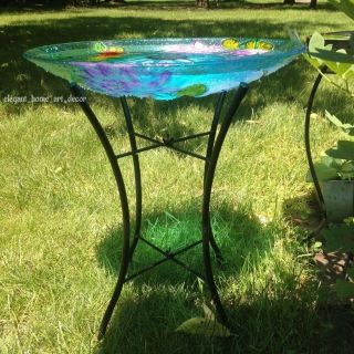 Outdoor Freestanding Bird Bath Feeder Vintage Solar Lit Iron Glass Garden Decor 3