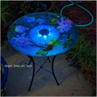 Outdoor Freestanding Bird Bath Feeder Vintage Solar Lit Iron Glass Garden Decor 5