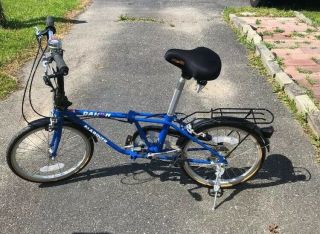 Vintage Dahon Mariner Blue Folding Bicycle 5 Speed With Rear Rack And Travel Bag