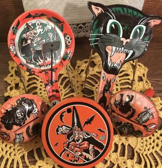 5 Vintage Halloween Tin Party Noisemakers,  Us Metal Toy,  Mid - Century Decorations