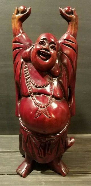 Hand - Carved Asian Chinese Wood Carving Laughing Buddha Statue Vintage / Antique