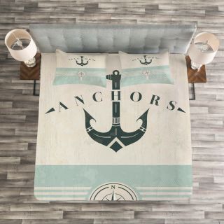 Nautical Quilted Bedspread & Pillow Shams Set,  Vintage Marine Anchor Print