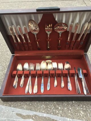 Vintage Oneida Tudor Community Elaine 1926 Flatware Set W/wood Case