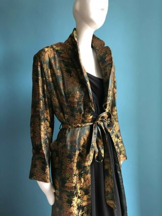 Antique 1920s Asian Black Silk Quilted Brocade Robe Gatsby Red Carpet Glam Med 2