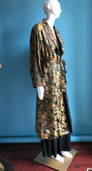 Antique 1920s Asian Black Silk Quilted Brocade Robe Gatsby Red Carpet Glam Med 3